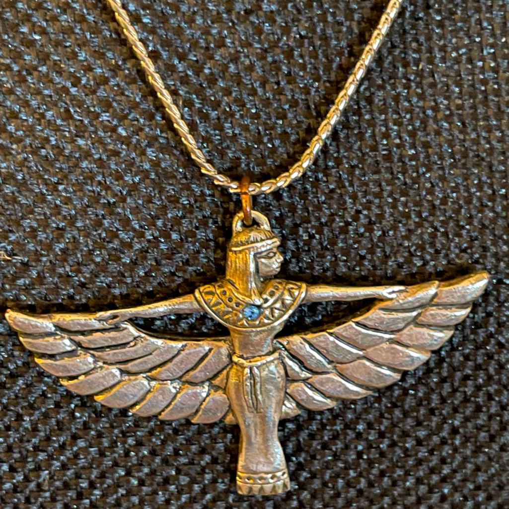 Vintage Er2000 Vintage Metal Winged Pharaoh With Blue Rhinestone Necklace.